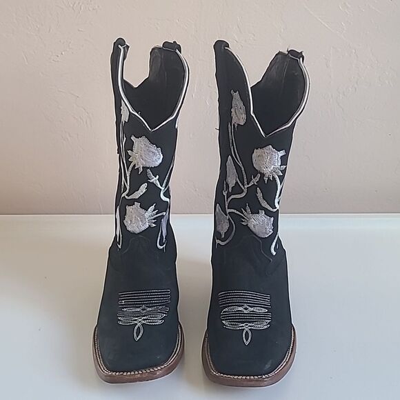 White Diamond Black Nubuck Leather White Flowers Square Toe Rodeo Boot Size 6.5 - Picture 2 of 16